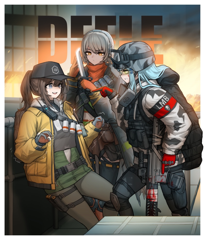 absurdres acog assault_rifle bandolier belt camouflage character_name cheogtanbyeong cleaners combat_knife dier_(girls&#039;_frontline) duct_tape explosive fang_hk416_(girls_frontline) gas_mask genderswap genderswap_(mtf) girls&#039;_frontline gloves goggles goggles_on_headwear grenade gun h&amp;k_hk416 hellfire_vector_(girls_frontline) helmet highres hk416_(fang)_(girls&#039;_frontline) hk416_(girls&#039;_frontline) knife last_man_battalion mask mask_around_neck pointing respirator rifle rogue_division_agent scope snow_camouflage tactical_clothes thighhighs tom_clancy&#039;s_the_division trigger_discipline vector_(girls&#039;_frontline) vector_(hellfire)_(girls&#039;_frontline) weapon winter_uniform