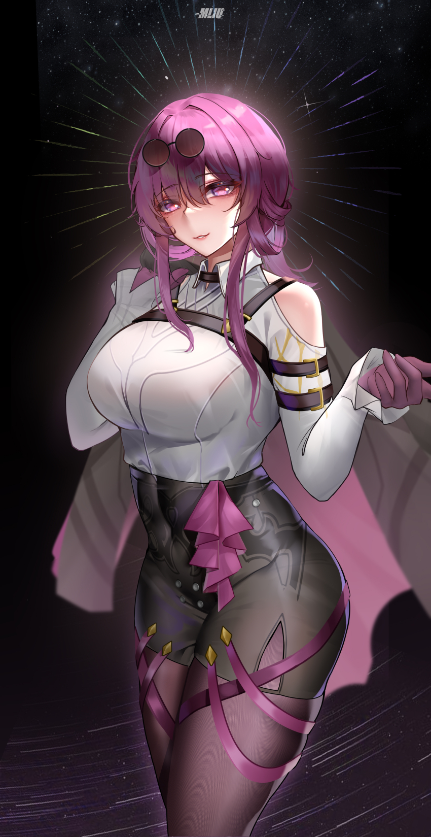 1girl absurdres bare_shoulders breasts clothing_cutout cowboy_shot eyewear_on_head glasses gloves high-waist_shorts highres honkai:_star_rail honkai_(series) kafka_(honkai:_star_rail) large_breasts long_hair long_sleeves looking_at_viewer night night_sky pantyhose pince-nez purple-tinted_eyewear purple_eyes purple_gloves purple_hair purple_pantyhose round_eyewear shirt shorts shoulder_cutout sky smll233 solo tinted_eyewear white_shirt