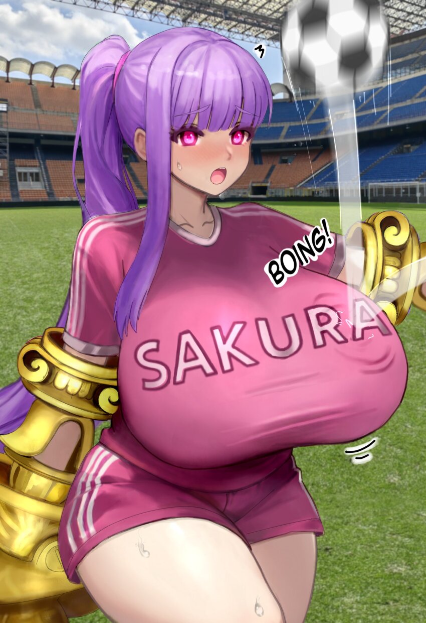 1girl ball blush breasts claw_(weapon) fate/grand_order fate_(series) hair_ribbon highres huge_breasts long_hair looking_at_viewer open_mouth passionlip_(fate) pink_eyes pink_ribbon purple_hair purple_shirt purple_shorts raskasar ribbon shirt short_sleeves shorts soccer_ball soccer_uniform solo sportswear thighs very_long_hair weapon