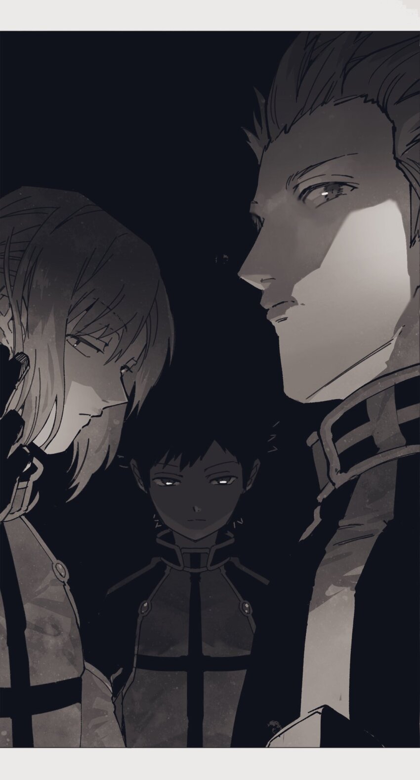 3boys closed_mouth frown gloves glowing glowing_eyes hand_up highres jacket kazama_souya kazama_squad&#039;s_uniform kikuchihara_shirou kzmsnmjkk letterboxed long_sleeves looking_at_viewer male_focus monochrome multiple_boys short_hair sidelocks sideways_glance simple_background straight-on upper_body utagawa_ryou_(world_trigger) world_trigger