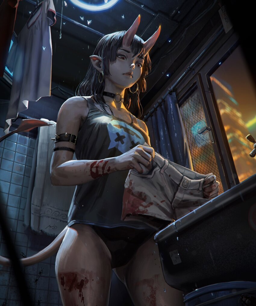 1girl armlet bathroom black_choker black_hair black_panties blood blood_on_arm blood_on_leg choker closed_mouth commentary demon_horns demon_tail earrings english_commentary from_below highres holding holding_shorts holding_unworn_clothes hoop_earrings horns indoors jewelry marc_brunet medium_hair night night_sky original panties pointy_ears shorts sink sky spiked_armlet tail tank_top tile_wall tiles towel underwear unworn_shorts window