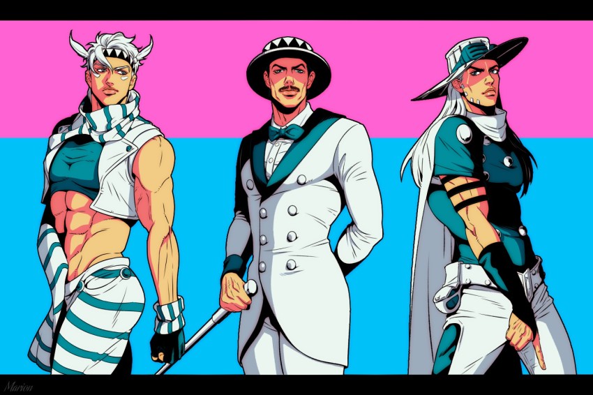 3boys abs arm_behind_back bad_id bad_pixiv_id black_hair blue_eyes bow bowtie caesar_anthonio_zeppeli cane clenched_hand crop_top cropped_vest facial_hair facial_mark fingerless_gloves gloves grandfather_and_grandson groin gyro_zeppeli hat headband holster jojo_no_kimyou_na_bouken letterboxed long_hair male_focus marion-ville midriff multiple_boys muscular mustache official_alternate_costume scarf smile steel_ball_run striped_clothes striped_scarf top_hat vest white_hair will_anthonio_zeppeli winged_hair_ornament