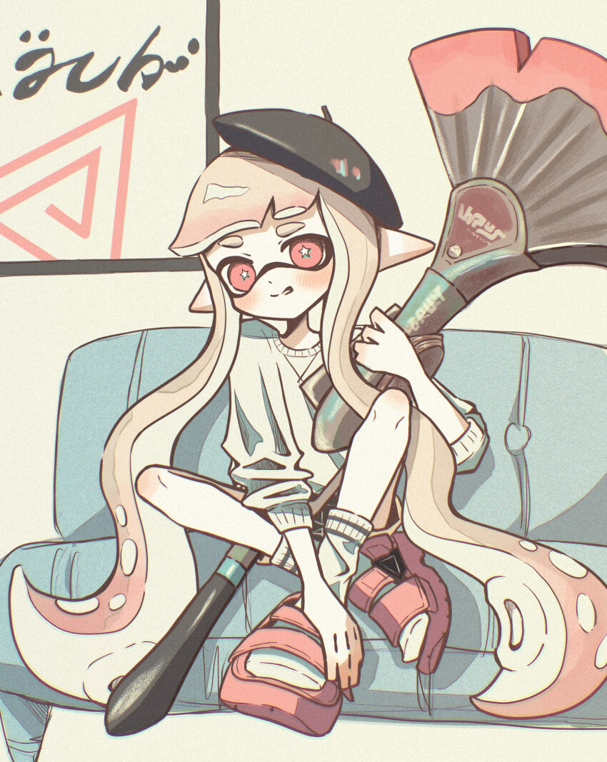 1girl black_hat couch full_body hat highres holding holding_weapon inkling inkling_girl inkling_player_character long_hair looking_at_viewer nintendo on_couch osakanagumi11 painbrush_(splatoon) pink_hair pointy_ears red_eyes sandals sitting smile solo splatoon_(series) splatoon_3 tentacle_hair thick_eyebrows very_long_hair wavy_hair weapon