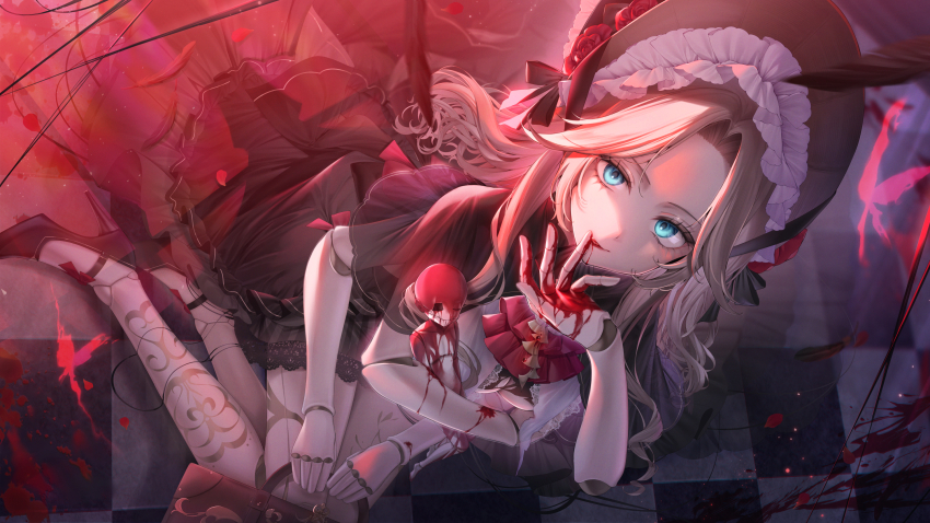 1girl ascot bella_(silver_and_blood) black_dress black_hat black_shoes blood blood_on_ground blood_on_hands blue_eyes brown_bag checkered_floor doll doll_joints dress extra_arms eyelashes flower hat hat_flower high_heels highres joints long_hair navy_(navy.blue) red_ascot red_flower red_petals shoes silver_and_blood