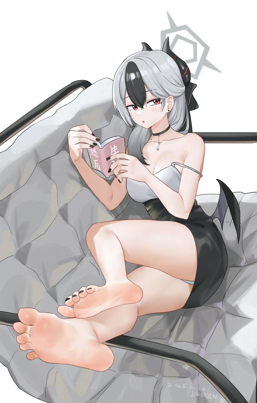 1girl absurdres barefoot blue_archive blush demon_wings feet grey_hair highres kayoko_(blue_archive) kayoko_(dress)_(blue_archive) long_hair looking_at_viewer multicolored_hair panties pantyshot parted_lips reading red_eyes shangdi_de_fazhang soles strap_slip streaked_hair toes underwear wings