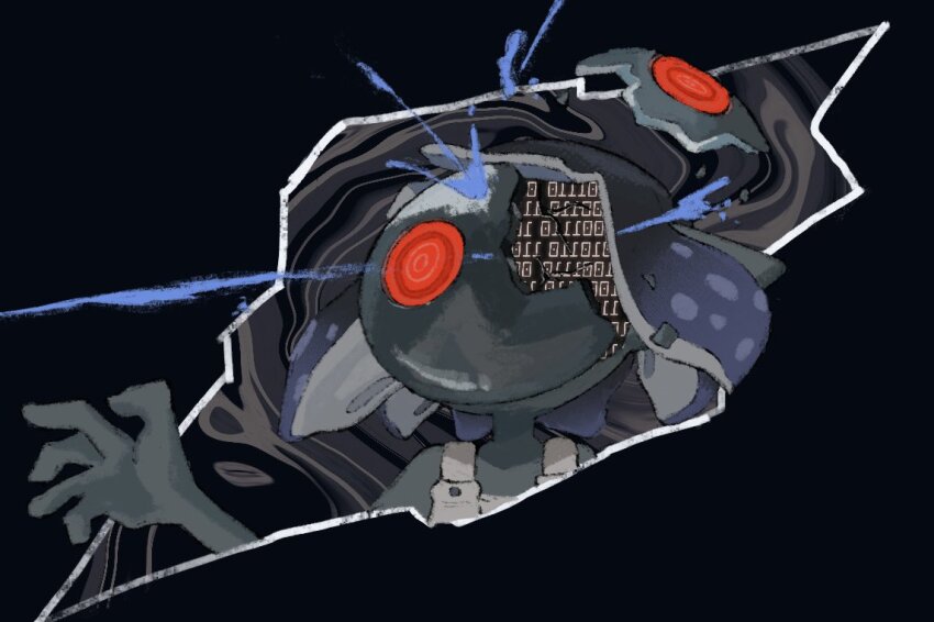 1girl binary black_hair broken_mask colored_skin grey_skin hyper_chikuwabu jelleton mask nintendo parallel_canon_(splatoon) pointy_ears red_eyes short_hair solo splatoon_(series) splatoon_3 splatoon_3:_side_order tentacle_hair