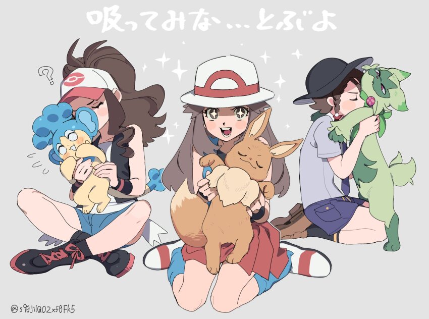 +_+ 3girls ? baseball_cap black_footwear black_hat black_socks black_vest boots brown_eyes brown_footwear brown_hair commentary_request eevee floragato flying_sweatdrops gen_1_pokemon gen_5_pokemon grey_background grey_shirt hat highres hilda_(pokemon) holding holding_pokemon juliana_(pokemon) leaf_(pokemon) long_hair miyage_no_nukegara multiple_girls necktie nintendo open_clothes open_vest panpour pleated_skirt pokemon pokemon_(creature) pokemon_bw pokemon_frlg pokemon_sv shirt shoes short_sleeves shorts sidelocks sitting skirt socks sparkle translation_request vest white_footwear white_hat white_shirt