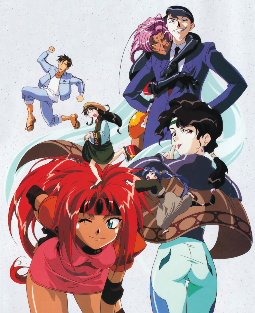 1990s_(style) 3boys 4girls afura_mann alielle antenna_hair ass black_eyes black_hair blazer blue_eyes closed_eyes el_hazard elbow_pads facial_mark forehead_mark fujisawa_masamichi grin gym_uniform headband highres hug hug_from_behind jacket jinnai_katsuhiko jinnai_nanami leaning_forward long_hair long_sleeves looking_at_viewer mizuhara_makoto multiple_boys multiple_girls non-web_source official_art one_eye_closed open_mouth pink_hair ponytail red_eyes red_hair retro_artstyle sandals shayla-shayla short_hair smile tongue tongue_out white_background