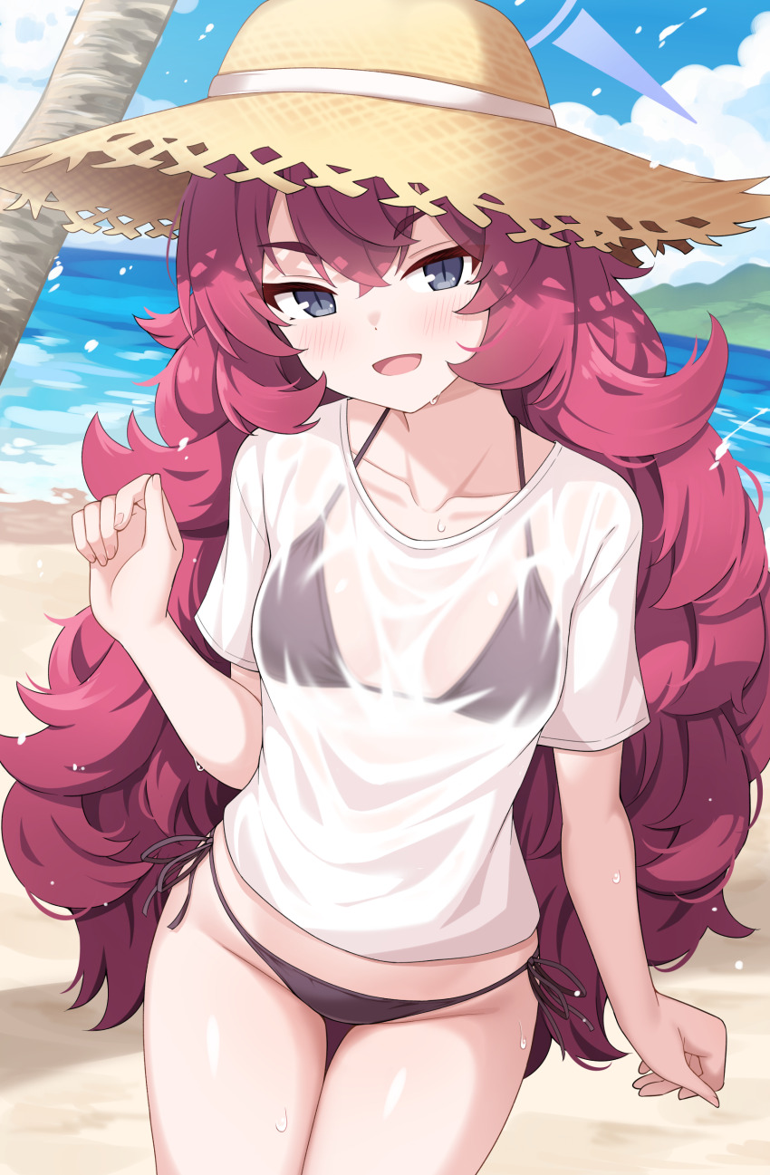 1girl absurdres alternate_costume bikini black_bikini blue_archive blue_sky blush breasts brown_hat cloud cloudy_sky collarbone commentary cowboy_shot crossed_bangs day enru fluffy_hair hair_between_eyes halo hat highres iroha_(blue_archive) loli long_hair looking_at_viewer ocean open_mouth outdoors purple_halo red_hair see-through_clothes shirt short_sleeves side-tie_bikini_bottom sky slit_pupils small_breasts smile solo straw_hat swimsuit thighs wet wet_clothes white_shirt