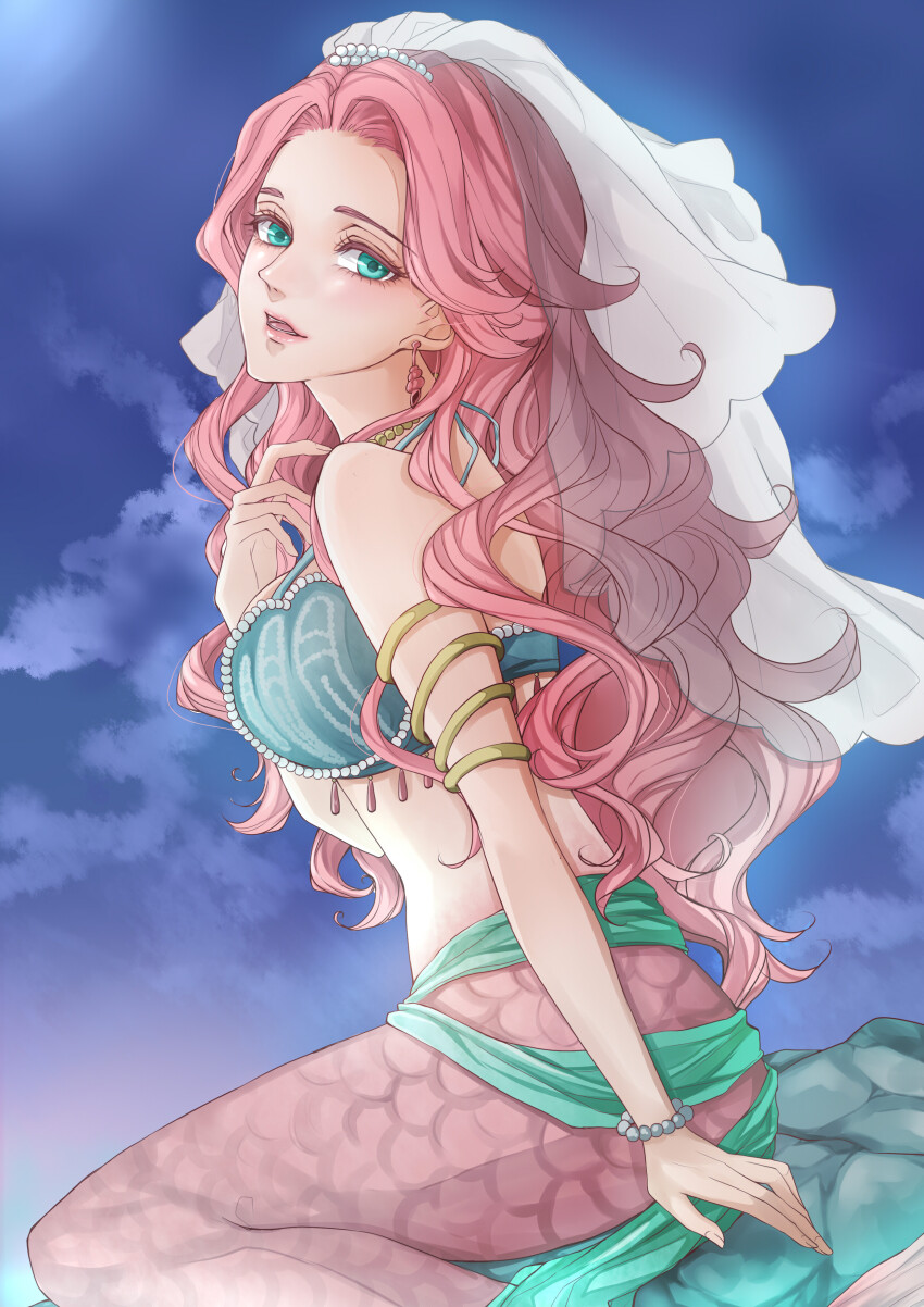 1girl absurdres aqua_bra aqua_eyes armlet banirario bead_bracelet bead_necklace beads blue_sky bra bracelet breasts bridal_veil colored_eyelashes commentary curly_hair dragon_quest dragon_quest_xi earrings gold_armlet highres jewelry looking_at_viewer looking_to_the_side medium_breasts mermaid monster_girl multiple_armlets necklace open_mouth pink_hair pink_scales romia_(dq11) sitting sky solo underwear veil white_veil
