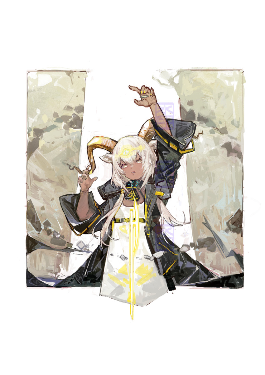 1girl animal_ears arknights arm_belt arm_up beeswax_(arknights) belt black_belt black_coat chest_belt chinese_commentary circle coat commentary_request cropped_legs dark-skinned_female dark_skin dress eyelashes hair_over_shoulder hand_up highres hood hood_down hooded_coat horns long_hair looking_at_viewer low_twintails magic multiple_belts open_clothes open_coat open_mouth pipidan rock sheep_ears sheep_horns solo twintails watermark white_background white_dress white_eyes white_hair yellow_belt yellow_horns