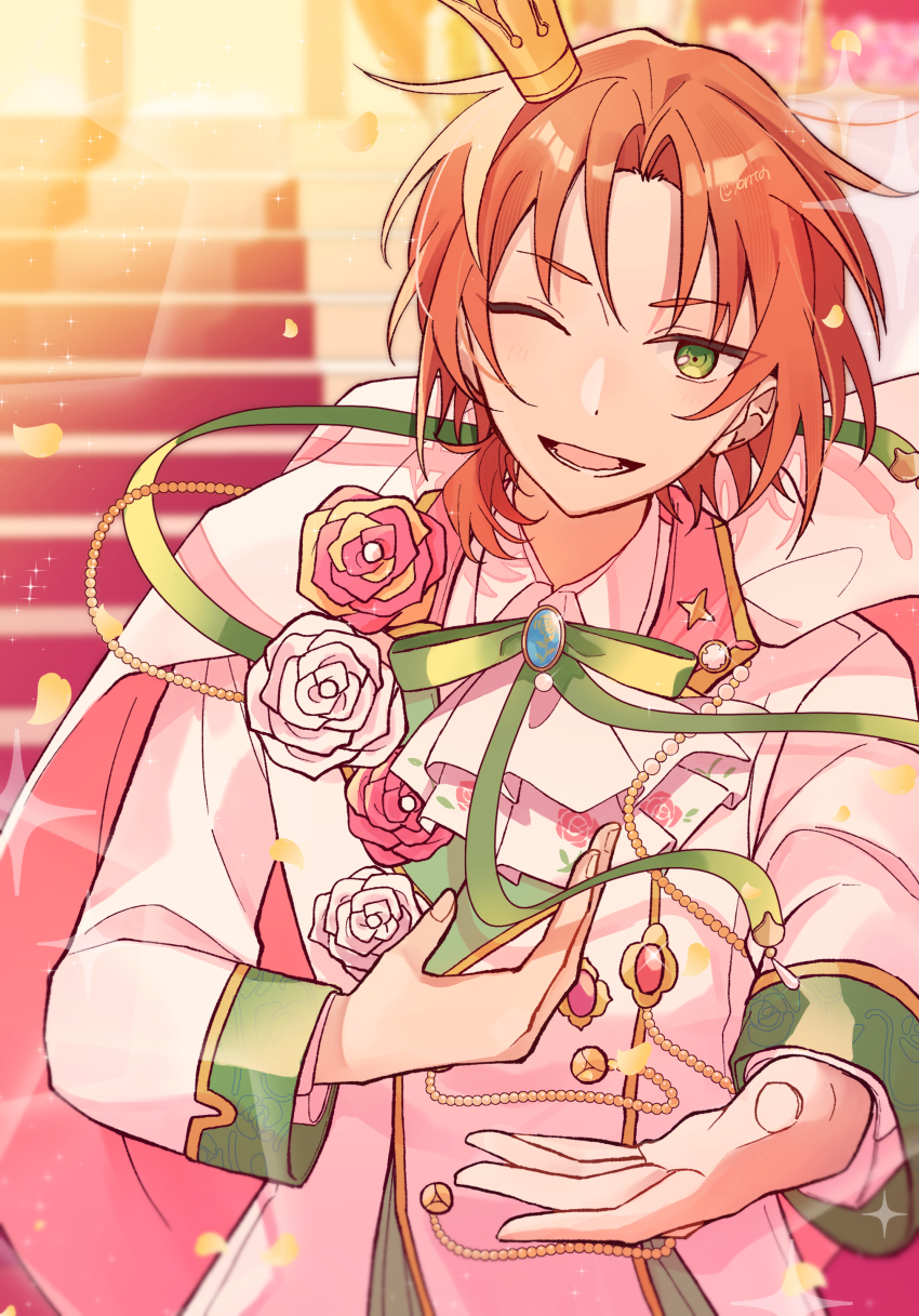 1boy absurdres blue_brooch blurry blurry_background cape crown ensemble_stars! falling_petals flower flower_brooch green_eyes green_ribbon highres jacket light_particles long_hair looking_at_viewer low_side_ponytail lower_teeth_only male_focus mini_crown official_alternate_costume one_eye_closed open_mouth orange_hair outstretched_arm parted_bangs petals red_flower ribbon side_ponytail smile solo stairs teeth tsukinaga_leo white_cape white_flower white_jacket yellow_petals zu_tonatuyasumi