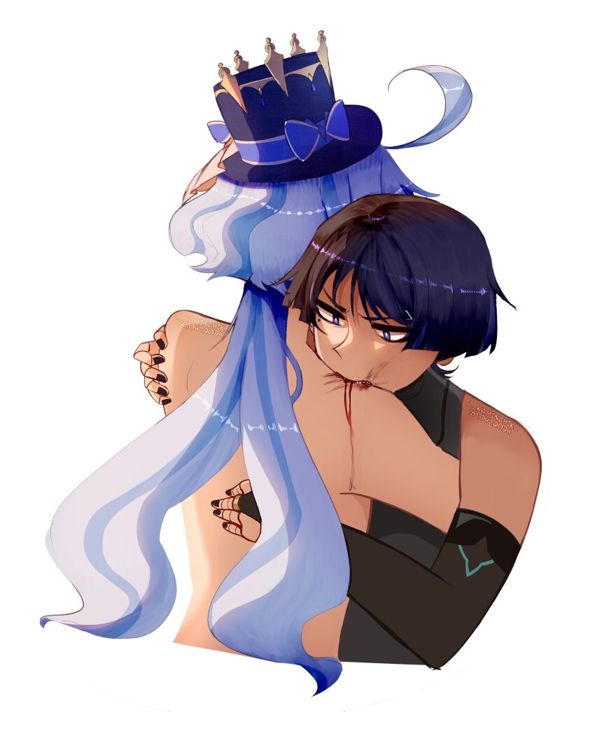 1boy 1girl absurdres ahoge alternate_species bare_back bare_shoulders biting_shoulder black_bodysuit black_bridal_gauntlets black_hair black_nails blood blood_on_shoulder blue_bow blue_hair blue_hat blunt_ends bodysuit bow bridal_gauntlets bright_pupils cowlick cropped_torso dated doll_joints frown furina_(genshin_impact) furrowed_brow genshin_impact gold_ring grey_eyes hand_on_another&#039;s_back hand_on_another&#039;s_shoulder hat hat_bow hetero highres hug joints kaminchik long_hair low_twintails middle_ring mole mole_under_eye multicolored_hair scaramouche_(genshin_impact) sidelighting streaked_hair top_hat topless_female tsurime twintails twitter_username vampire wanderer_(genshin_impact) white_hair white_pupils white_trim wispy_bangs