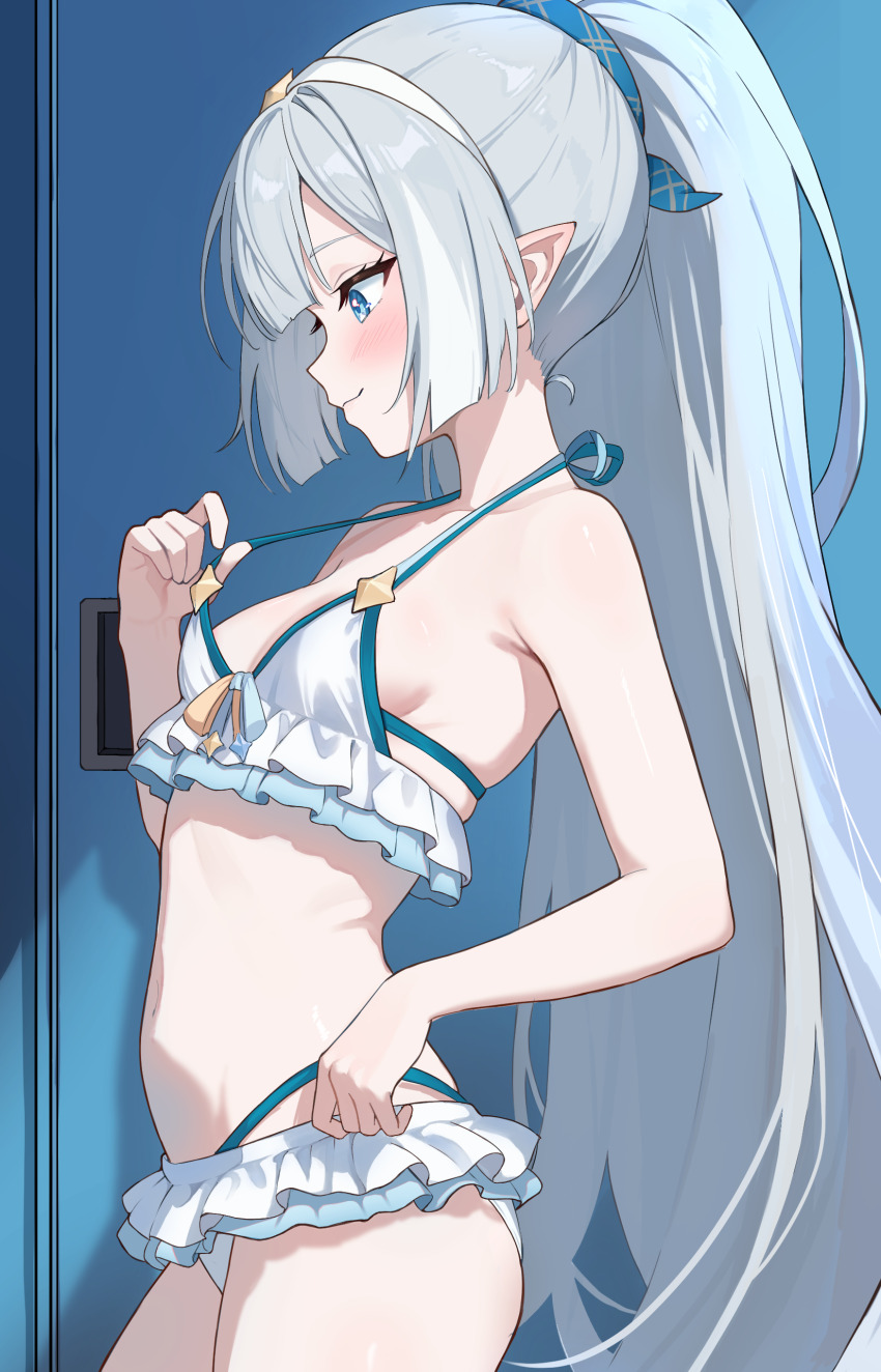 1girl absurdres bikini blue_eyes blush breasts commentary_request cowboy_shot frilled_bikini frills from_side grey_hair halterneck helthbuth highres long_hair pointy_ears ponytail profile small_breasts smile solo stella_sora strap_pull swimsuit tyrant_(stella_sora) very_long_hair white_bikini