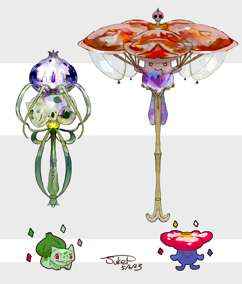 absurdres bright_pupils bulbasaur claws closed_eyes closed_mouth crystal dated gen_1_pokemon grey_background highres nintendo no_humans objectification pokemon pokemon_(creature) red_eyes scepter signature skull_ornament smile sparkle sukepmonster unownglyphics vileplume white_pupils