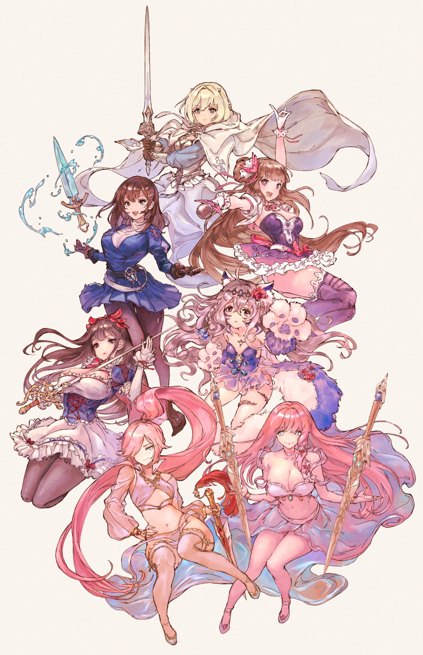 6+girls absurdres animal_ears animal_hands bare_shoulders blonde_hair breasts brown_dust_(series) brown_dust_2 cat_ears cat_paws chest_armor cleavage_cutout closed_mouth clothing_cutout dagger dress floating floating_object floating_weapon frilled_dress frilled_skirt frills gloves hair_over_one_eye hair_ribbon helena_(brown_dust) highres holding holding_dagger holding_knife holding_microphone holding_sword holding_weapon jewelry juliet_sleeves justia_(brown_dust) justia_(white_reaper)_(brown_dust) knife large_breasts long_hair long_sleeves medium_breasts medium_hair microphone midriff multiple_girls navel open_mouth pantyhose puffy_sleeves rapier ribbon rou_(brown_dust) rubia_(brown_dust) scheherazade_(brown_dust) scheherazade_(the_lapis_witch)_(brown_dust) see-through_clothes short_hair siblings sisters skirt small_breasts snow_white sword sylvia_(brown_dust) vambraces ventana_(brown_dust) weapon