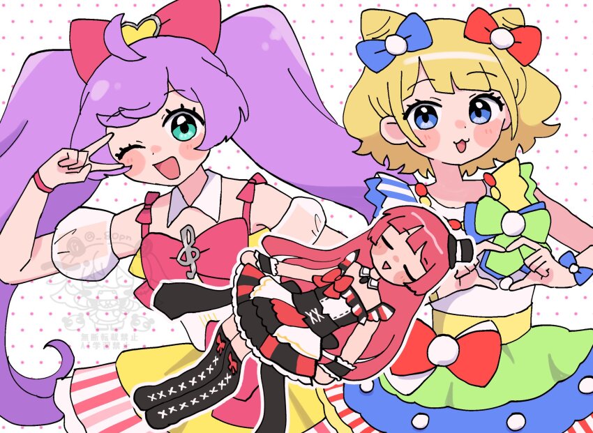 3girls 80pn :d ;d ahoge blonde_hair blue_eyes bow closed_mouth cone_hair_bun cowboy_shot detached_sleeves double_bun dress full_body green_eyes hair_bow hair_bun heart heart_hands highres hojo_sophy idol_clothes kashikoma! manaka_laala minami_mirei multicolored_dress multiple_girls multiple_hair_bows one_eye_closed open_mouth pink_bow pretty_series pripara puffy_detached_sleeves puffy_sleeves purple_hair red_hair smile thighhighs treble_clef v v_over_eye