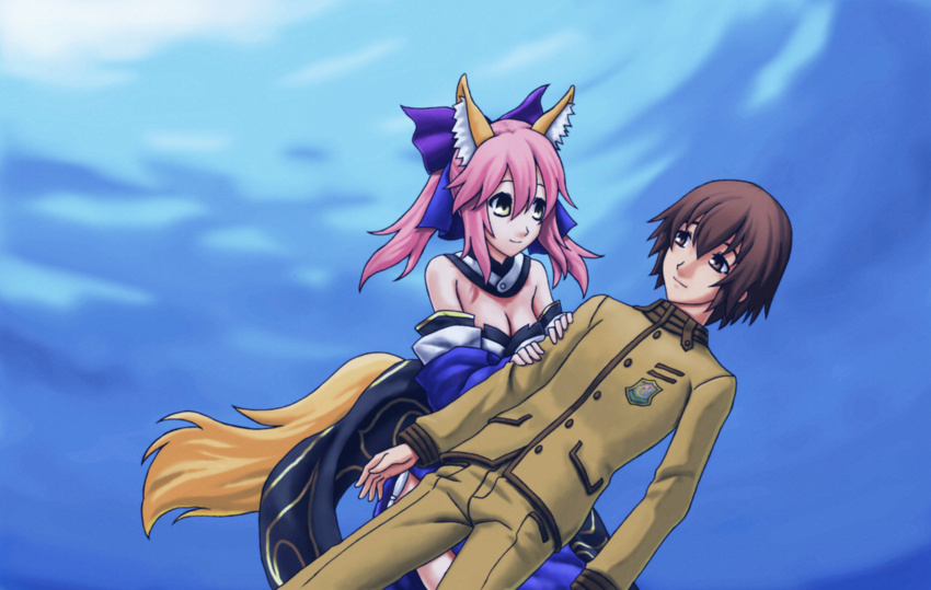 1boy 1girl absurdres afloat animal_ear_fluff animal_ears bare_shoulders blue_bow blue_dress blue_kimono blue_ribbon blurry bow breasts brown_eyes brown_hair cleavage closed_mouth commentary_request detached_sleeves dress ending eyebrows_hidden_by_hair fate/extra fate_(series) fox_ears fox_girl fox_tail hair_between_eyes highres japanese_clothes kimono kishinami_hakuno_(male) looking_at_another ribbon shadow sidelocks smile split_ponytail tail tamamo_(fate) tamamo_no_mae_(fate) tsukumihara_academy_uniform_(fate/extra) type-moongundam underwater yellow_eyes