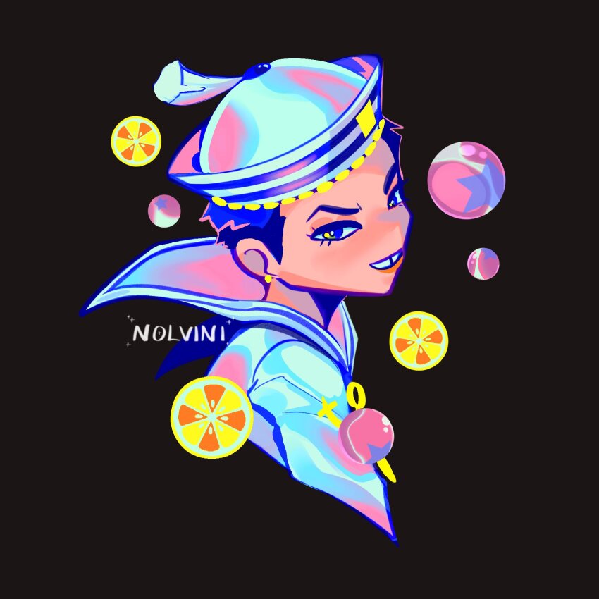 1boy black_background blue_eyes blue_hair blue_hat blue_sailor_collar blue_shirt commentary cropped_torso dixie_cup_hat earrings english_commentary food fruit hat higashikata_josuke_(jojolion) highres jewelry jojo_no_kimyou_na_bouken jojolion lemon lemon_slice looking_at_viewer male_focus military_hat nolvini orange_(fruit) orange_slice sailor sailor_collar sailor_hat shirt short_hair smile soap_bubbles solo star_(symbol) star_print stud_earrings teeth