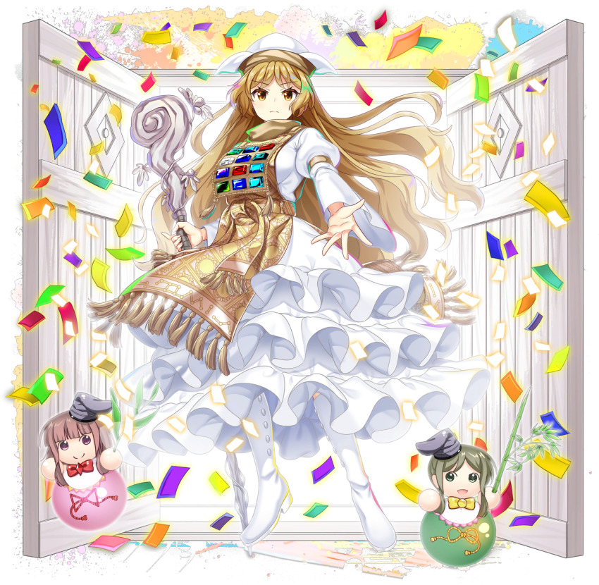 1girl alternate_costume alternate_headwear_color bamboo blonde_hair blue_gemstone boots character_doll closed_mouth confetti constellation_print doll door dress frilled_dress frills game_cg gem gem-studded green_gemstone hat highres holding holding_staff long_hair long_sleeves looking_at_viewer matara_okina myouga_(plant) nishida_satono official_art red_gemstone rotte_(1109) solo staff sun_print sun_symbol tabard tassel tate_eboshi teireida_mai third-party_source touhou touhou_lostword transparent_background very_long_hair white_boots white_dress white_hat wide_sleeves yellow_tabard