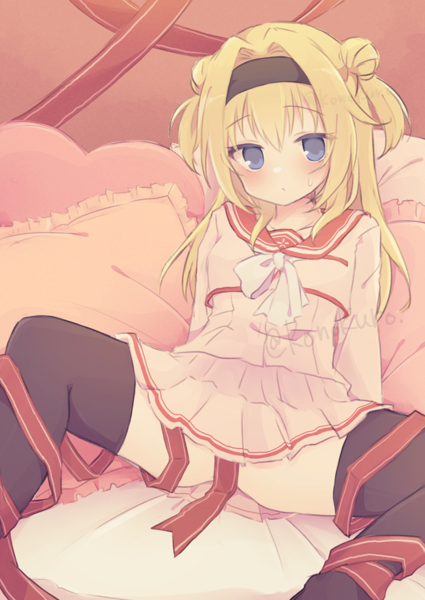 1girl black_hairband black_thighhighs blonde_hair blue_eyes blush chitose_sana closed_mouth colored_eyelashes commentary_request commission convenient_censoring double_bun feet_out_of_frame frilled_pillow frills frown hair_between_eyes hair_bun hair_intakes hairband heart heart-shaped_pillow highres indoors konoquro long_hair long_sleeves looking_at_viewer miniskirt on_bed pillow pink_serafuku pink_shirt pink_skirt pleated_skirt red_ribbon red_sailor_collar ribbon sailor_collar school_uniform serafuku shirt sitting skirt solo spread_legs sweatdrop tenshinranman thighhighs thighs twitter_username two_side_up