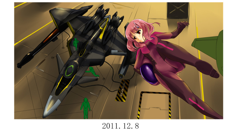 1girl 2011 3boys bodysuit box cable camouflage canards commentary commentary_request container cyborg dated energy_cannon engineer fake_screenshot floating gloves gunpod hangar headgear unworn_headwear helmet unworn_helmet hose long_hair looking_to_the_side macross macross_30 macross_frontier macross_the_ride maris_stella_(macross) mecha missile_pod mizuki_(mizuki_ame) multiple_boys original pilot_suit pink_hair prototype_design red_eyes repairing robot science_fiction sign sketch spacecraft spacecraft_interior spacesuit thrusters variable_fighter vehicle_focus vf-27 warning_sign zero_gravity