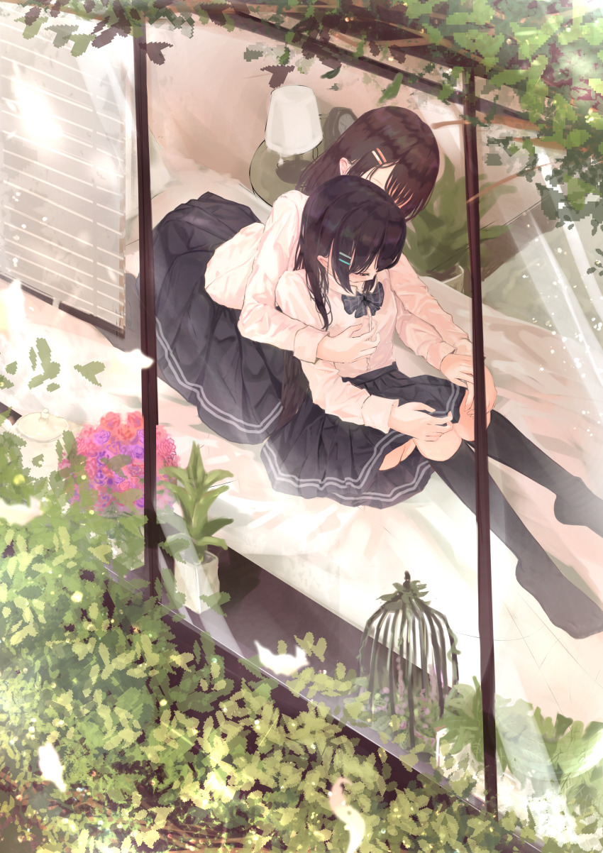 2girls absurdres benevole black_bow black_bowtie black_hair black_skirt black_socks bouquet bow bowtie brown_hair flower flower_box foliage hair_ornament hairclip hand_on_another&#039;s_chest highres kneehighs lamp long_hair multiple_girls on_bed original pleated_skirt school_uniform shirt sitting skirt socks white_shirt window_blinds yuri