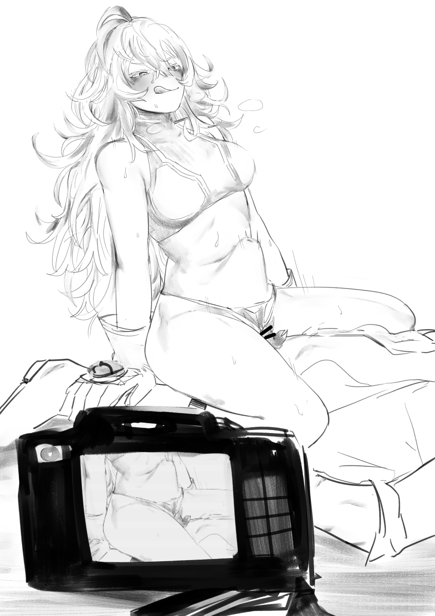 1boy 1girl :q absurdres amano44 bar_censor bikini boku_no_hero_academia breasts camera censored deku&#039;s_photo_of_hagakure_toru greyscale hagakure_toru hetero highres large_breasts licking_lips long_hair midoriya_izuku monochrome naughty_face navel sex stomach_bulge sweat swimsuit tongue tongue_out unusually_visible