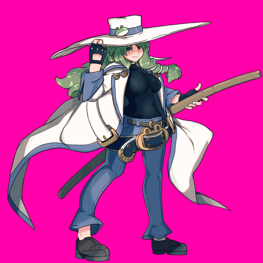 1girl absurdres belt black_shirt blue_pants breasts brown_belt closed_mouth coat commentary_request cookie_(touhou) cosplay covered_navel frog_hat_ornament full_body green_eyes green_hair grey_shoes guilty_gear guilty_gear_xrd hat highres impossible_clothes impossible_shirt johnny_(guilty_gear) johnny_(guilty_gear)_(cosplay) katana kochiya_sanae long_hair looking_at_viewer medium_breasts muimui_(4242564muimui) oko_(cookie) open_clothes open_coat pants pink_background sheath sheathed shirt shoes simple_background smile solo sword touhou weapon white_coat white_hat