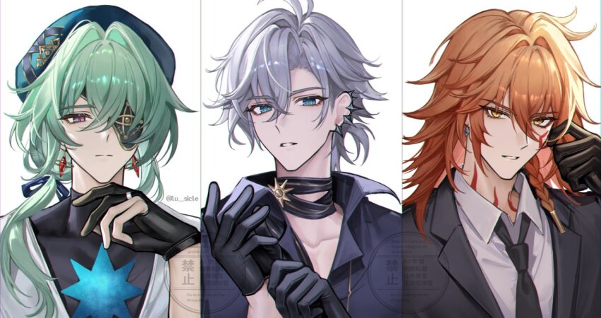 3boys adjusting_clothes adjusting_gloves anaxa_(honkai:_star_rail) anaxa_(ingenuity)_(honkai:_star_rail) antenna_hair aqua_hair black_choker black_gloves black_jacket black_necktie black_shirt blonde_hair blue_eyes blue_hat braid choker collared_shirt commentary crystal_earrings earclip earrings eyepatch facial_tattoo gloves gradient_hair hair_between_eyes half_gloves hat honkai:_star_rail honkai_(series) jacket jewelry male_focus medium_hair multicolored_hair multiple_boys mydei_(honkai:_star_rail) necktie official_alternate_costume open_clothes open_jacket parted_bangs partially_fingerless_gloves phainon_(fashion)_(honkai:_star_rail) phainon_(honkai:_star_rail) ponytail red_hair red_tattoo shirt short_hair sicle side_braid tattoo watermark white_hair white_shirt yellow_eyes
