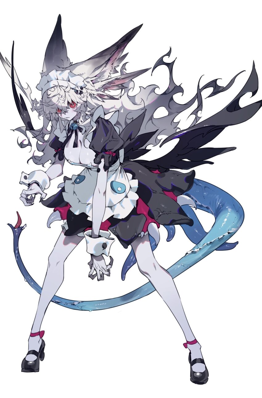 1girl animal_ears bell black_wings breasts bukurote claws cleavage detached_collar highres large_ears long_hair looking_at_viewer maid maid_headdress mary_janes medium_breasts neck_bell neck_ribbon original puffy_short_sleeves puffy_sleeves red_eyes ribbon shoes short_sleeves simple_background solo tail tentacles white_background wings