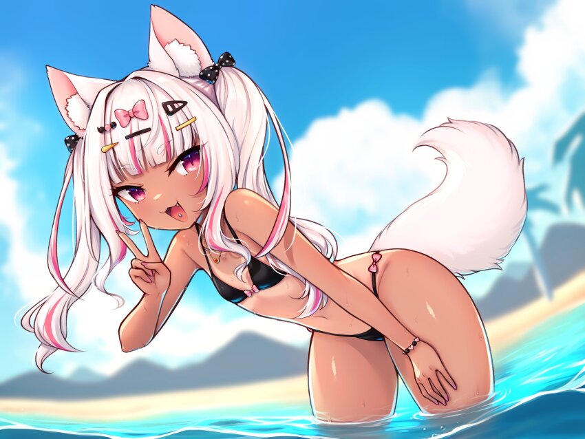 1girl animal_ear_fluff animal_ears beach bikini black_bikini black_bow bow bow_bikini dark-skinned_female dark_skin dog_ears dog_girl fang flat_chest hair_bow hair_ornament hairclip heart_bracelet highres indie_virtual_youtuber kotoku_koinuko melon-fox multicolored_hair navel ocean open_mouth partially_submerged piercing pink_bow pink_eyes pink_hair pink_nails polka_dot polka_dot_bow solo streaked_hair swimsuit tongue_piercing v virtual_youtuber white_hair