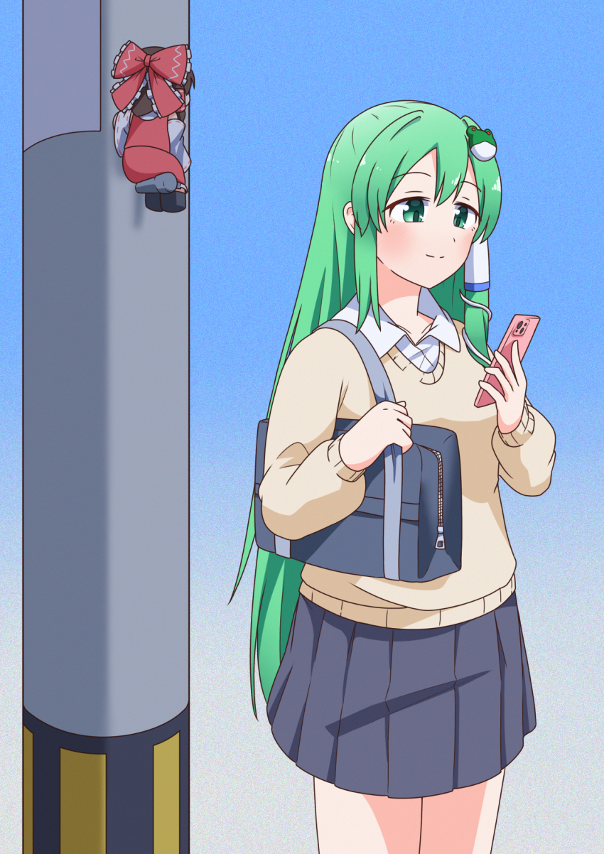 2girls bag black_skirt bow brown_hair closed_mouth collared_shirt double-parted_bangs dress_shirt frog_hair_ornament green_eyes green_hair hair_intakes hair_ornament hair_tubes hakurei_reimu highres holding holding_phone kochiya_sanae light_blush light_smile long_hair long_sleeves looking_at_phone miniskirt multiple_girls outdoors phone pleated_skirt pole red_bow red_shirt red_skirt school_bag school_uniform shirt single_hair_tube single_sidelock skirt sky snake_hair_ornament sweater_vest touhou very_long_hair wing_collar y75zei