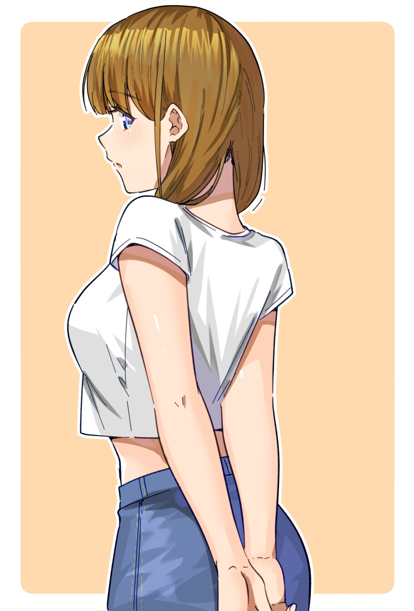 1girl arms_behind_back blue_eyes blue_skirt blush border breasts brown_background brown_hair commentary_request denim denim_skirt from_behind highres long_hair looking_at_viewer looking_back medium_breasts original outline shirt short_sleeves skirt solo white_border white_outline white_shirt yuki_arare