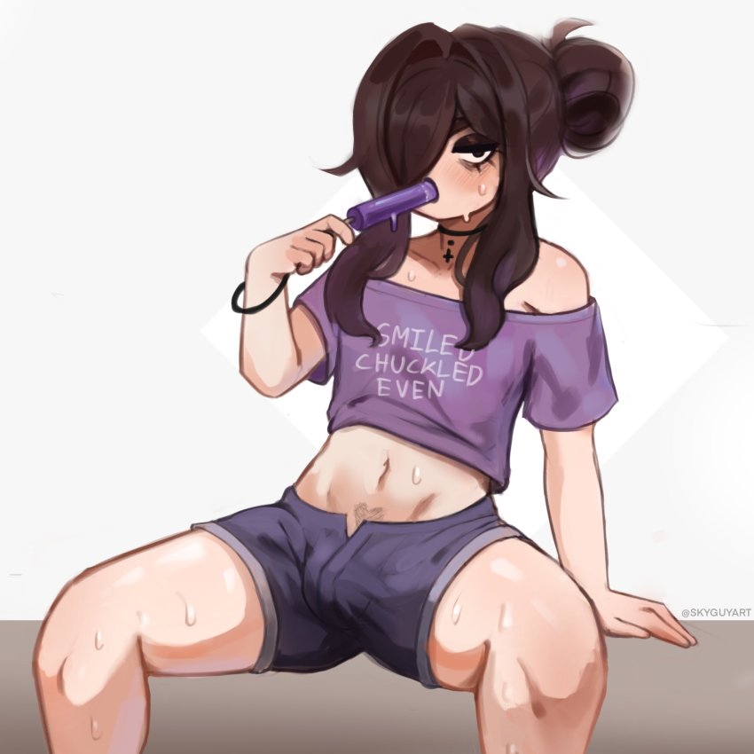 1boy bare_shoulders black_eyes black_hair bulge food hair_over_one_eye highres long_hair male_focus popsicle shorts sitting sky_guy_art solo spread_legs sweat trap