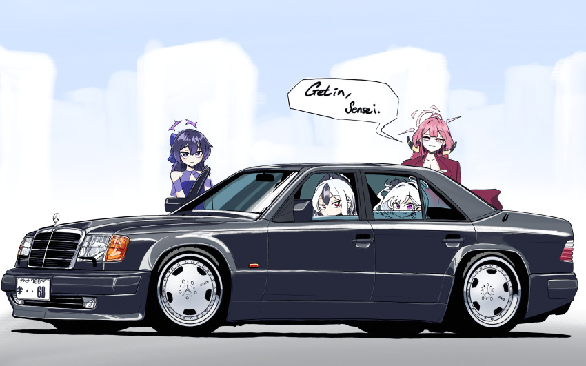 4girls alternate_costume aru_(blue_archive) aru_(dress)_(blue_archive) bare_shoulders black_hair black_hairband black_horns blue_archive blue_bow blue_sky bow brown_eyes brown_horns car coat coat_on_shoulders commentary day demon_horns dress earclip english_commentary english_text grey_halo hair_between_eyes hair_bow hair_ornament hairband halo haruka_(blue_archive) haruka_(dress)_(blue_archive) highres horns kayoko_(blue_archive) kayoko_(dress)_(blue_archive) license_plate long_hair medium_hair mercedes-benz mercedes-benz_500_e mercedes-benz_w124 mole mole_on_neck motor_vehicle multicolored_hair multiple_girls mutsuki_(blue_archive) mutsuki_(dress)_(blue_archive) official_alternate_costume orange_eyes orange_halo pink_hair pink_halo pointy_ears problem_solver_68_(blue_archive) purple_car purple_eyes purple_hair purple_halo ribbon ricd0m shadow side_ponytail sky sleeveless sleeveless_dress speech_bubble streaked_hair two-tone_hair vehicle_focus wavy_ends white_hair