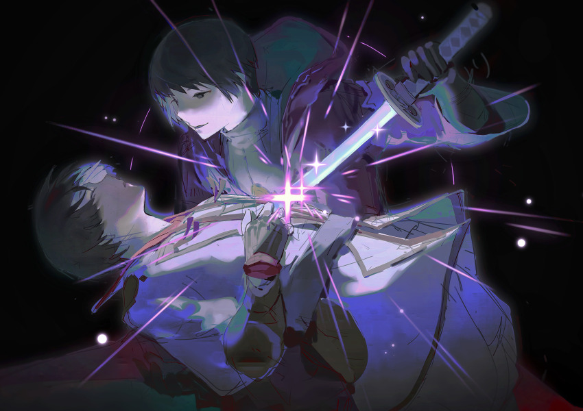 2boys absurdres asahi_sas_brutus black_background black_eyes black_gloves black_hair closed_eyes coat dual_persona fandaniel final_fantasy final_fantasy_xiv gloves highres holding holding_sword holding_weapon hood hood_down hooded_coat hyur jacket jidappeng katana leaning_back looking_at_another male_focus multiple_boys purple_coat sekai_wo_kakumei_suru_chikara_wo short_hair shoujo_kakumei_utena sparkle sword weapon white_jacket