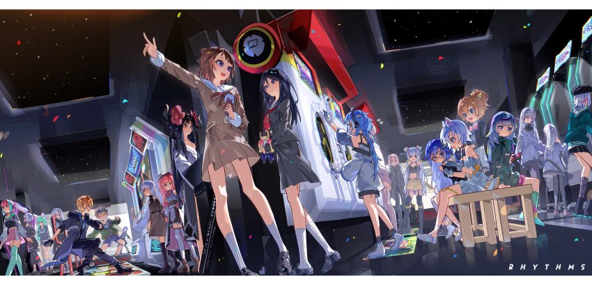 &gt;_&lt; 2boys 6+girls absurdres allison_(vivid/stasis) animal_ears arcade arcade_cabinet arcaea arms_behind_head bandaid bandaid_on_face bang_dream! beatmania_(series) beatmania_iidx belt bemani beret black_belt black_boots black_choker black_gloves black_hair black_hat black_horns black_jacket black_necktie black_pants black_shirt black_shoes black_skirt black_socks black_thighhighs black_undershirt blonde_hair blue_eyes blue_hair blue_shirt blue_shorts blue_thighhighs blush bolt_(rotaeno) boots bow brown_boots brown_dress brown_hair butterfly_hair_ornament carrot_(dynamix) cat_ears choker chunithm closed_mouth collared_shirt commentary cone_hair_bun crop_top cropped_hoodie crossover cube_hair_ornament cytus cytus_ii damsel_(tone_sphere) deemo deemo_ii diein_(djmax) djmax doll double_bun dress dynamix echo_(deemo) ellia ellia_(series) fang flower gino_(phigros) glasses gloves goggles goggles_on_head green_hair green_jacket groove_coaster hair_bow hair_bun hair_flower hair_ornament hanasakigawa_school_uniform hat headphones highres hinata_chinatsu hiro_(yoshi_chan) holding holding_doll hood hood_down hooded_jacket hoodie horns hoshikawa_sera hoshino_ichika_(project_sekai) indoors insight_(arcaea) ivy_(cytus) jacket leotard leyla_(music_diver) lily_(wacca) linka_(groove_coaster) loafers long_hair long_sleeves looking_at_another luvia_(milthm) maimai_(game) mash_vp!_re:vision medium_hair milk_(maimai) milthm miyamasuzaka_girls&#039;_academy_school_uniform multicolored_hair multiple_boys multiple_crossover multiple_girls muse_dash music_diver navel neck_ribbon neckerchief necktie noisz_starlivht nyami_(pop&#039;n_music) ongeki open_clothes open_jacket open_mouth pants phigros pink_bow pink_hair pink_skirt playing_games pointing ponytail pop&#039;n_music project_sekai pump_it_up purple_eyes purple_hair ra-s rabbit_ears red_neckerchief red_ribbon ribbon rizline rotaeno sailor_collar sailor_dress sakuraba_shion school_uniform shii_(siixtar_gate) shirt shoes short_hair shorts sitting sixtar_gate skin_fang skirt sleeveless sleeveless_shirt socks sound_voltex standing streaked_hair striped_clothes striped_socks takumi3 thighhighs tone_sphere toyama_kasumi tran_(beatmania) undershirt very_long_hair vivid/stasis wacca white_gloves white_hair white_hat white_jacket white_leotard white_sailor_collar white_shirt white_shoes white_skirt white_socks white_thighhighs yellow_bow yellow_eyes yellow_shorts yellow_socks yoso_(rizline)