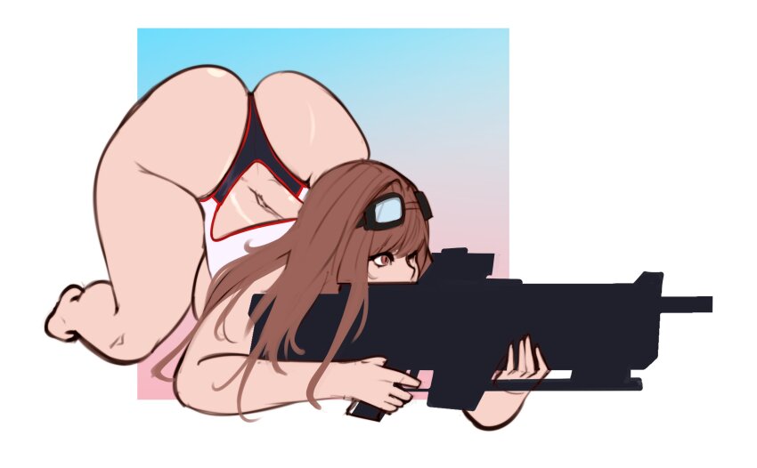 1girl 2025 absurdres aiming ass back_cutout bare_legs bare_shoulders black_choker black_one-piece_swimsuit blue_background breasts choker clothing_cutout commentary covered_navel curvy english_commentary eyewear_on_head feet female_focus fingernails food foreshortening full_body glasses_on_head goddess_of_victory:_nikke gradient_background grey_one-piece_swimsuit grin gun hand_on_own_hip highres holding holding_food huge_ass large_breasts long_fingernails long_hair looking_at_viewer machine_gun official_alternate_costume one-piece_swimsuit pink_lips popsicle rapi_(classic_vacation)_(nikke) rapi_(nikke) red_eyes rescue_board shiny_skin smile solo standing swimsuit taut_clothes the_pumpkinface thick_thighs thighs top-down_bottom-up weapon wide_hips