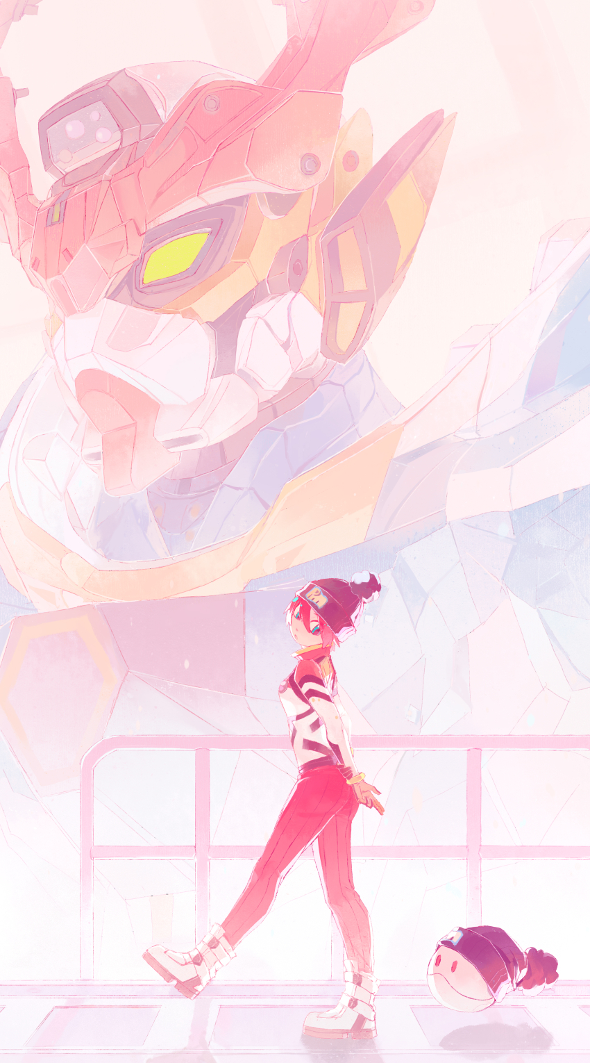 1girl absurdres amate_yuzuriha aqua_eyes beanie commentary full_body gquuuuuux gundam gundam_gquuuuuux haro hat highres lyu1250329 mecha mecha_pilot_suit mobile_suit non-humanoid_robot pom_pom_(clothes) pom_pom_beanie red_hair robot science_fiction short_hair solo symbol-only_commentary v-fin walking