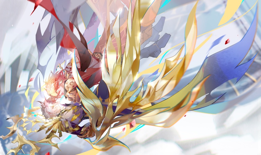 2boys alternate_form armor asymmetrical_wings back_tattoo bare_pectorals black_coat black_shirt black_wings blonde_hair clawed_gauntlets coat cracked_skin earrings eye_contact falling gold_earrings gradient_hair hair_between_eyes halo halo_behind_head hashtag-only_commentary highres honkai:_star_rail honkai_(series) jewelry looking_at_another male_focus material_growth multicolored_hair multiple_boys mydei_(honkai:_star_rail) open_clothes open_coat pauldrons pectorals phainon_(honkai:_star_rail) red_hair red_tattoo renjian85537597 shirt short_hair shoulder_armor single_pauldron tattoo torn_clothes torn_shirt wings yaoi yellow_blood yellow_eyes yellow_wings