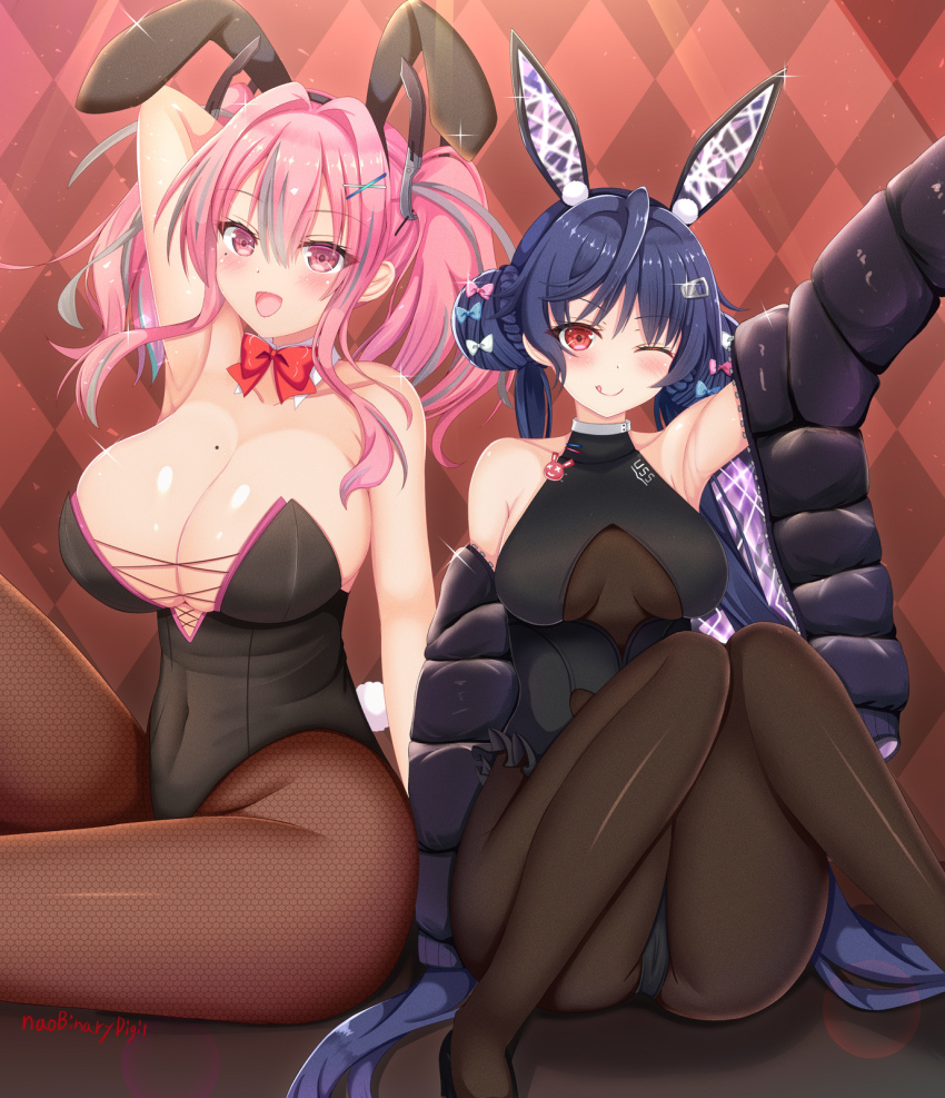 2girls :d ;q allen_m._sumner_(azur_lane) allen_m._sumner_(charming_rabbit)_(azur_lane) alternate_costume animal_ears argyle_background argyle_clothes arm_behind_head arm_up armpits artist_name ass azur_lane badge bare_shoulders black_footwear black_hair black_jacket black_leotard blush bodystocking bow bowtie braid braided_bun breasts bremerton_(azur_lane) button_badge cleavage closed_mouth clothing_cutout collarbone commentary covered_navel detached_collar fake_animal_ears fake_tail fishnet_legwear fishnets frilled_leotard frills grey_hair groin hair_between_eyes hair_bun hair_ornament hairclip high_heels highleg highleg_leotard highres jacket knees_up large_breasts leotard long_hair long_sleeves looking_at_viewer medium_breasts mole mole_on_breast mole_under_eye multicolored_hair multiple_girls nao_(naobinarydigit) off_shoulder official_alternate_costume one_eye_closed open_clothes open_jacket open_mouth pantyhose pink_eyes pink_hair playboy_bunny rabbit_ears rabbit_pin rabbit_tail red_eyes red_neckwear sidelocks sitting smile sparkle spotlight strapless strapless_leotard streaked_hair tail tongue tongue_out twintails two-tone_hair underboob_cutout x_hair_ornament