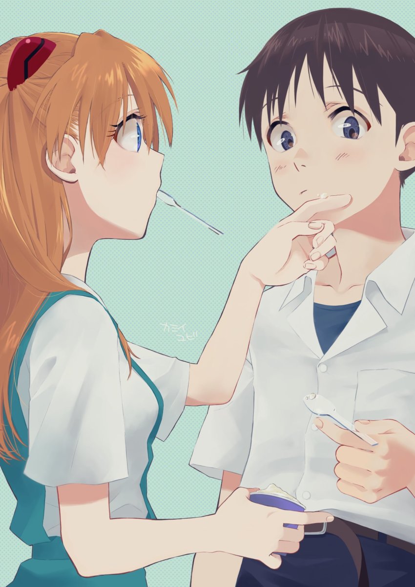 1boy 1girl blue_eyes blush breasts brown_hair hair_ornament highres ikari_shinji interface_headset_(evangelion) long_hair looking_at_another neon_genesis_evangelion school_uniform short_hair simple_background souryuu_asuka_langley tokyo-3_middle_school_uniform yogurt yubi_kamii