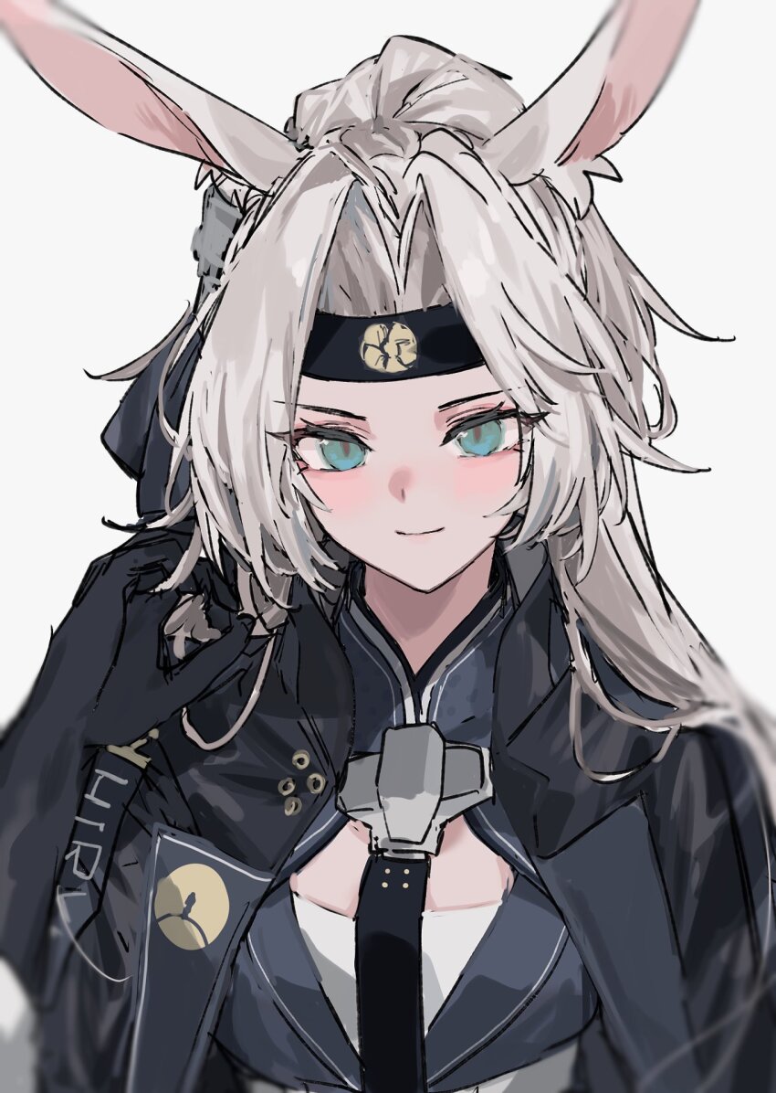 1girl adjusting_hair animal_ear_fluff animal_ears aogisa azur_lane black_gloves black_headband blue_eyes blue_vest character_name closed_mouth gloves hand_up headband high_ponytail highres hiryuu_(azur_lane) hiryuu_(retrofit)_(azur_lane) long_hair looking_at_viewer necktie official_alternate_costume ponytail rabbit_ears retrofit_(azur_lane) simple_background smile solo upper_body vest white_background white_hair