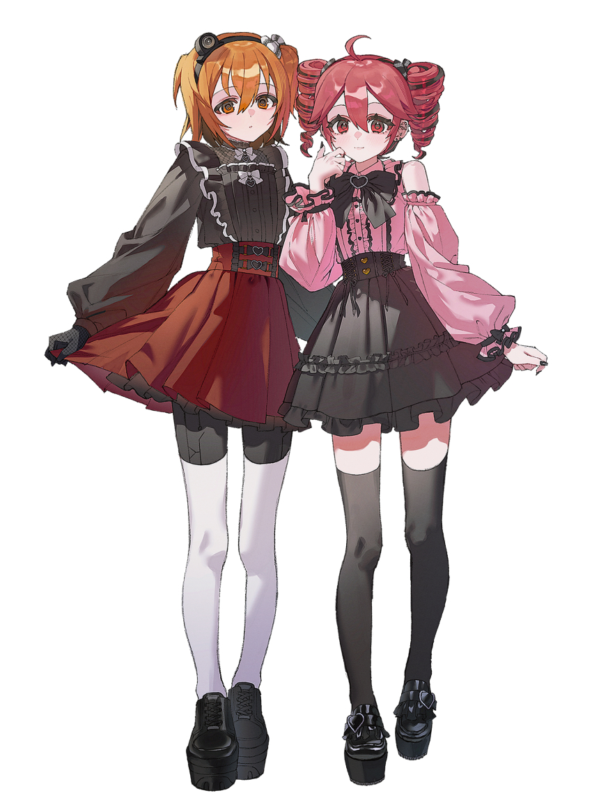 2girls absurdres adachi_rei ahoge bare_shoulders black_shirt black_skirt black_thighhighs blush buttons closed_mouth collared_shirt commentary_request detached_sleeves drill_hair frilled_shirt frilled_skirt frills full_body gloves hair_between_eyes highres jirai_kei kasane_teto kuripang_bbb long_hair long_sleeves looking_at_viewer multiple_girls nail_polish orange_eyes orange_hair pocket red_hair red_skirt shirt short_hair simple_background skirt sleeveless sleeveless_shirt smile standing thighhighs twin_drills utau vocaloid zettai_ryouiki