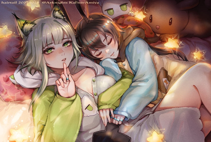 2girls amiya_(arknights) animal_ear_fluff animal_ears arknights artist_name blue_sweater breasts cat_ears cat_girl character_doll character_name cleavage closed_eyes collarbone copyright_name dated doll green_eyes green_hair green_sweater grey_sweater hairtail highres hood hood_down hooded_sweater hug index_finger_raised jewelry kal&#039;tsit_(arknights) lips long_hair long_sleeves medium_breasts multiple_girls multiple_rings pajamas parted_lips partially_unbuttoned rabbit_ears rabbit_girl ring sleeping smile star_(symbol) stuffed_animal stuffed_rabbit stuffed_toy sweater two-tone_sweater