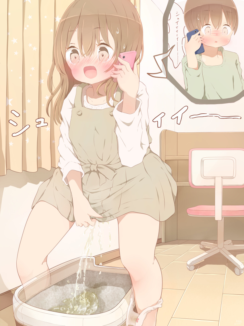 1boy 1girl 22m absurdres blush bow brown_eyes brown_hair cellphone chair commentary_request dress green_dress highres holding holding_phone indoors litter_box long_sleeves open_mouth original panties panties_around_leg pee peeing peeing_self phone pinafore_dress shirt sleeveless sleeveless_dress smartphone talking_on_phone underwear white_panties white_shirt