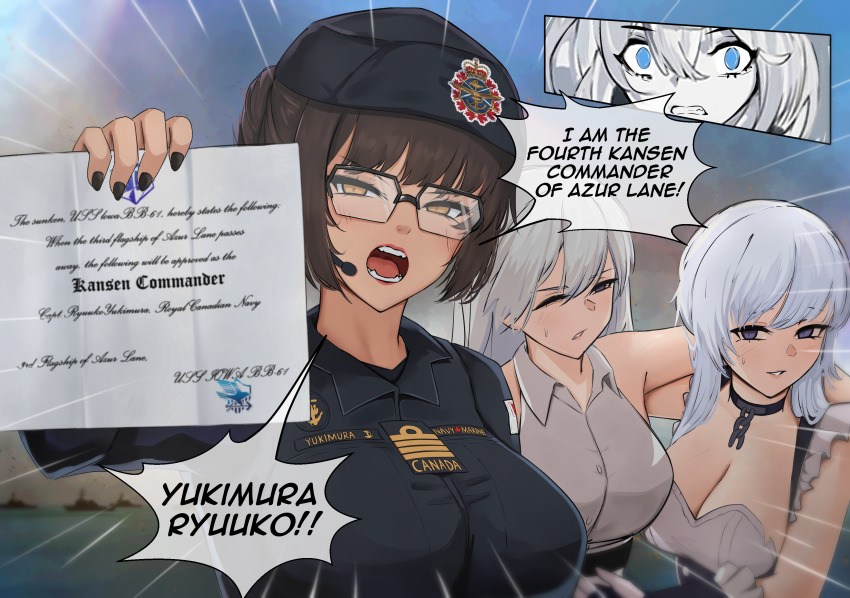 4girls absurdres belfast_(azur_lane) breasts broken broken_chain canadian_armed_forces chain cleavage commander_(azur_lane) commission eagle_union_(emblem) emphasis_lines english_text enterprise_(azur_lane) female_commander_(azur_lane) glasses hat headset highres letter military_uniform multiple_girls no_headwear omitter_(azur_lane) second-party_source yukimura_ryuuko_(ryuuko) yunareas