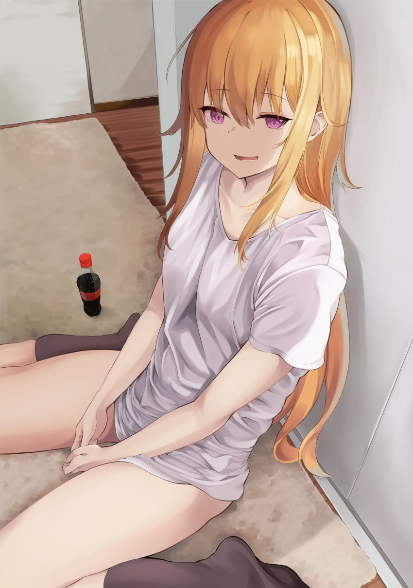 1girl :d absurdres black_socks blonde_hair carpet cola collarbone gabriel_dropout gabriel_tenma_white highres indoors kneehighs long_hair looking_at_viewer no_pants on_floor open_mouth own_hands_together purple_eyes screw_(artist) shirt short_sleeves sitting smile socks soda_bottle solo wariza white_shirt