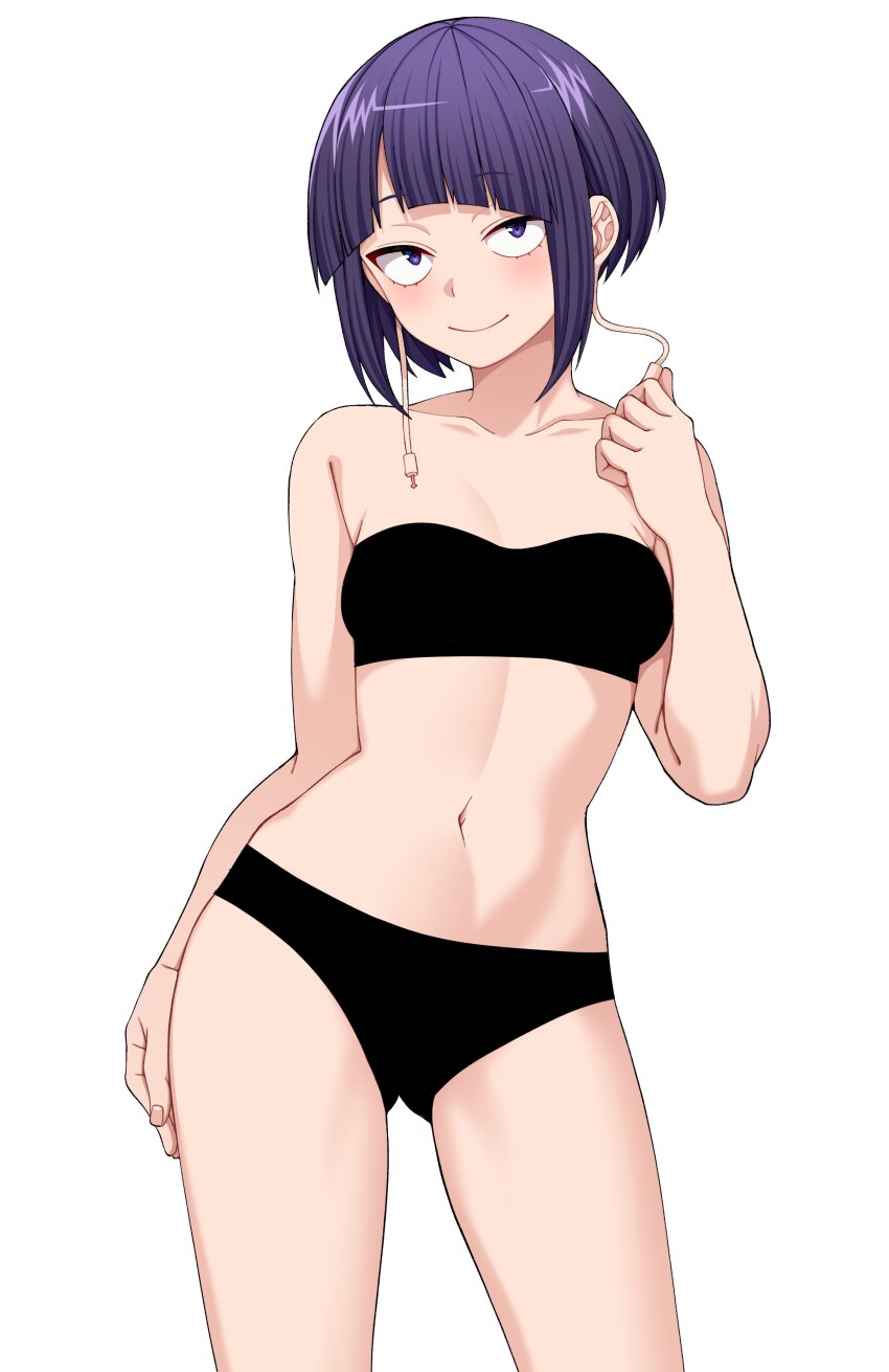 1girl absurdres audio_jack black_bra black_panties boku_no_hero_academia bra breasts closed_mouth earplugs hair_between_eyes highres jiro_kyoka kobaji long_earlobes navel panties purple_eyes purple_hair short_hair smile solo stomach strapless strapless_bra underwear white_background